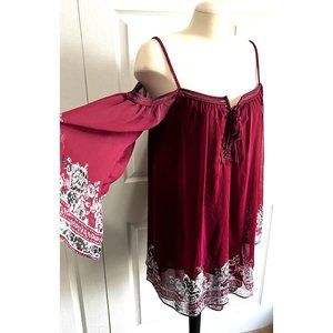Shyanne Cold Shoulder Peasant Dress Sz M Womens Burgundy Bell Sleeve